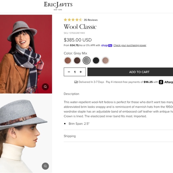 ERIC JAVITS Wool Classic Fedora Hat in Grey Mix Neutral Leather Band One Size - Picture 6 of 16